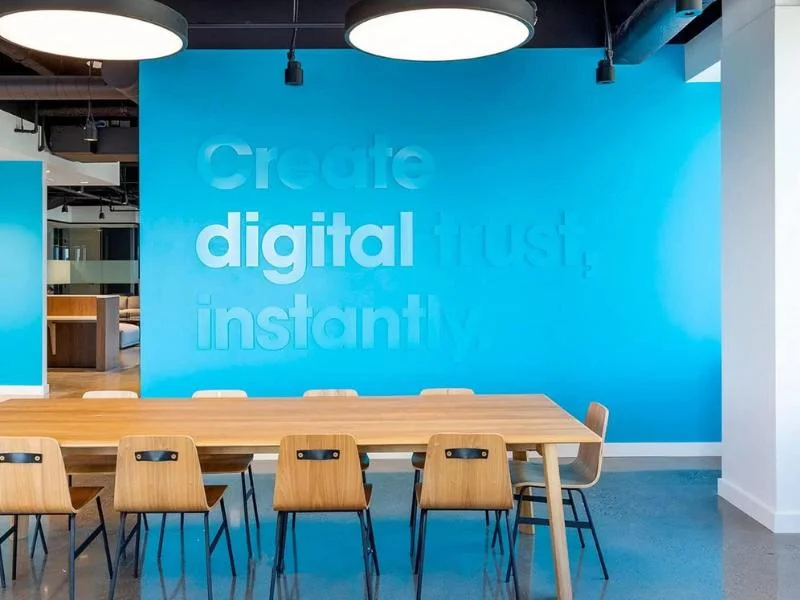 Turquoise workplace feature wall