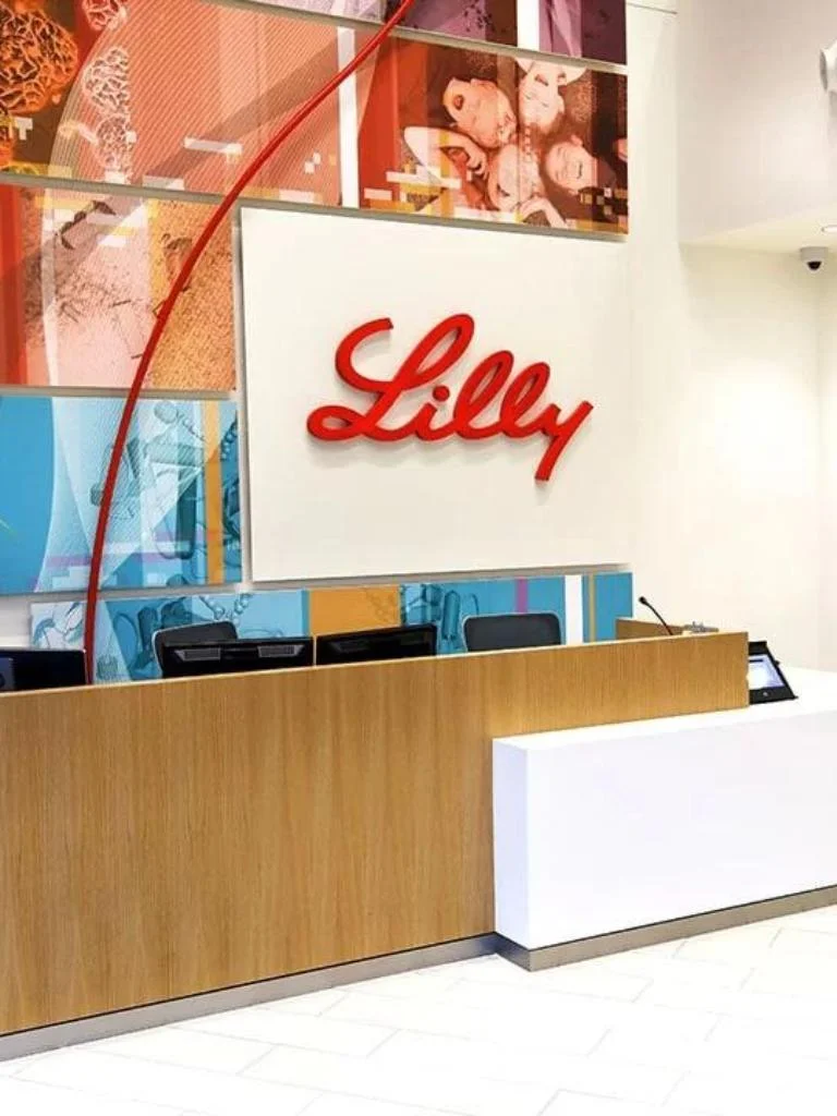 Lilly logo and photographic wall graphics at reception